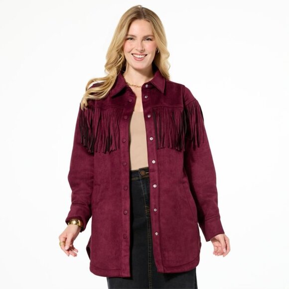 DG2 by Diane Gilman Car Coat Size Medium Faux Suede Fringe Long Sleeve Wine NEW - Picture 2 of 10